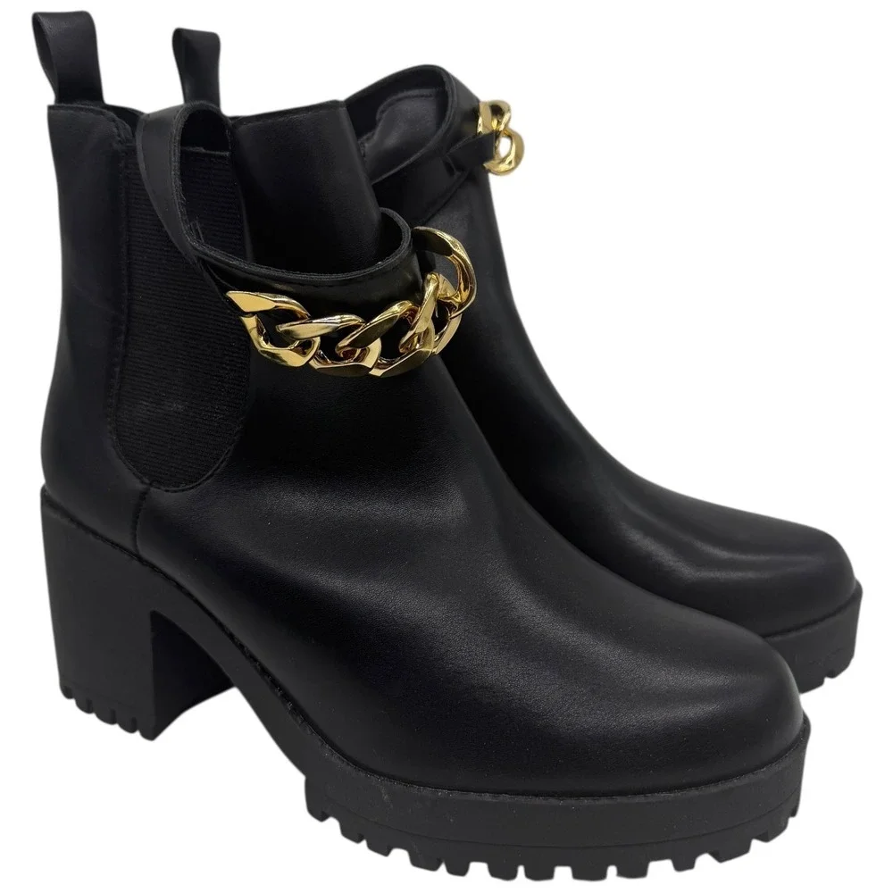 Women's Black Chunky Heel Ankle Boots‎ w/ Gold Chain – Size 8 – Used Once